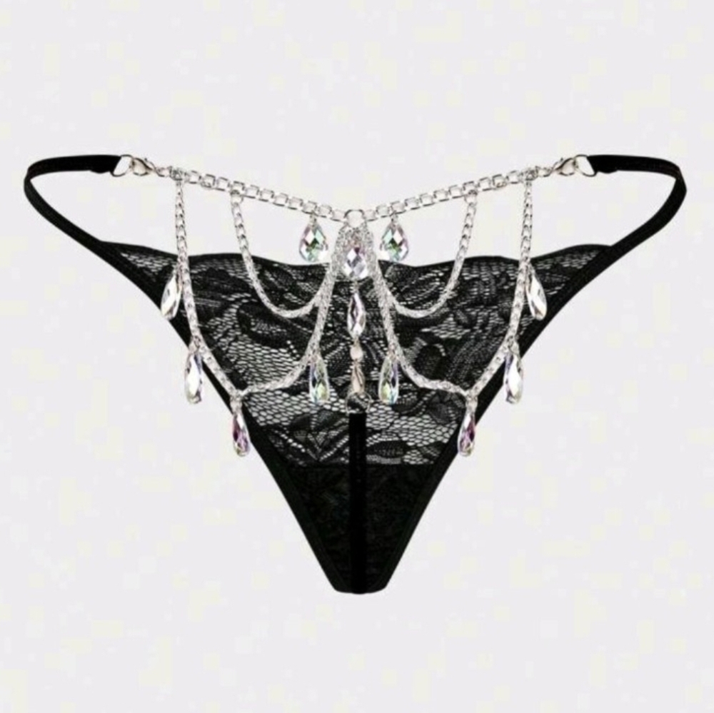 Elegant Black Lace Thong with Crystal Accents